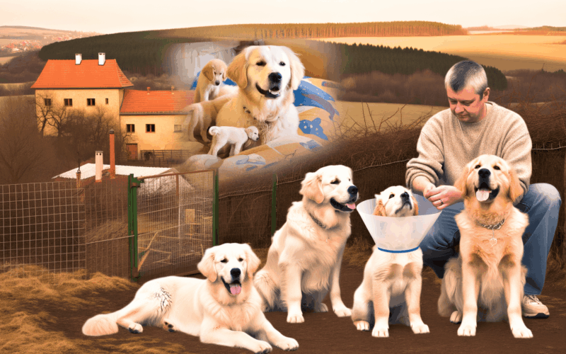 Ctyri zlati retrivri a velky pyrenejec hlidaji brachu po ope 1761660407319