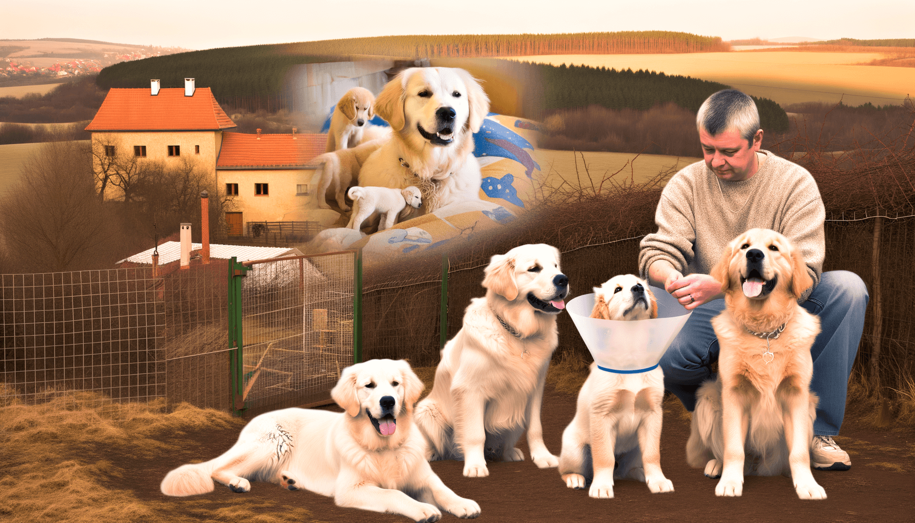 Ctyri zlati retrivri a velky pyrenejec hlidaji brachu po ope 1761660407319