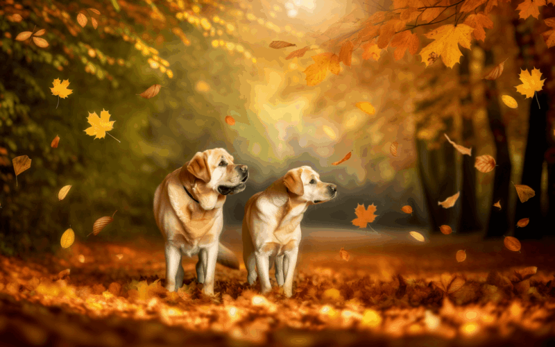 Dve zlute labradorky ocarovane podzimnim listim 1762588834146