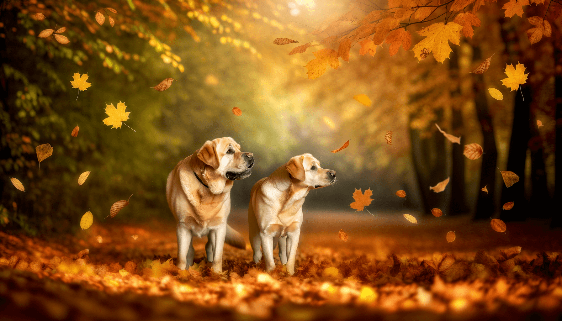 Dve zlute labradorky ocarovane podzimnim listim 1762588834146