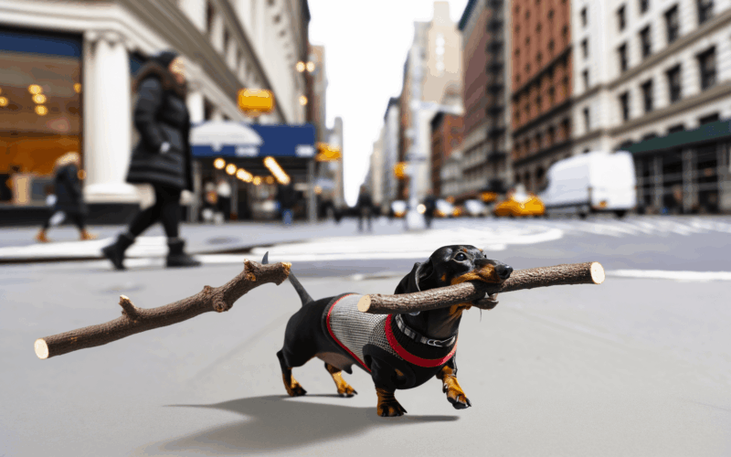 Jezevcik goose z new yorku nosi obri klacek po celem meste 1764230437268