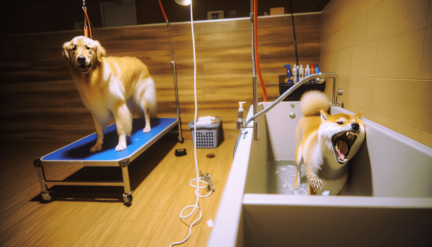 Shiba inu u groomera propukne v hysterii zlaty retrivr zusta 1763193641315