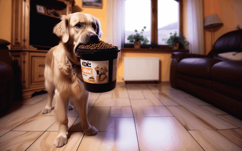 Zlaty retrivr duke nosi kbelik s granulemi aby z nej vymamil 1763582469507