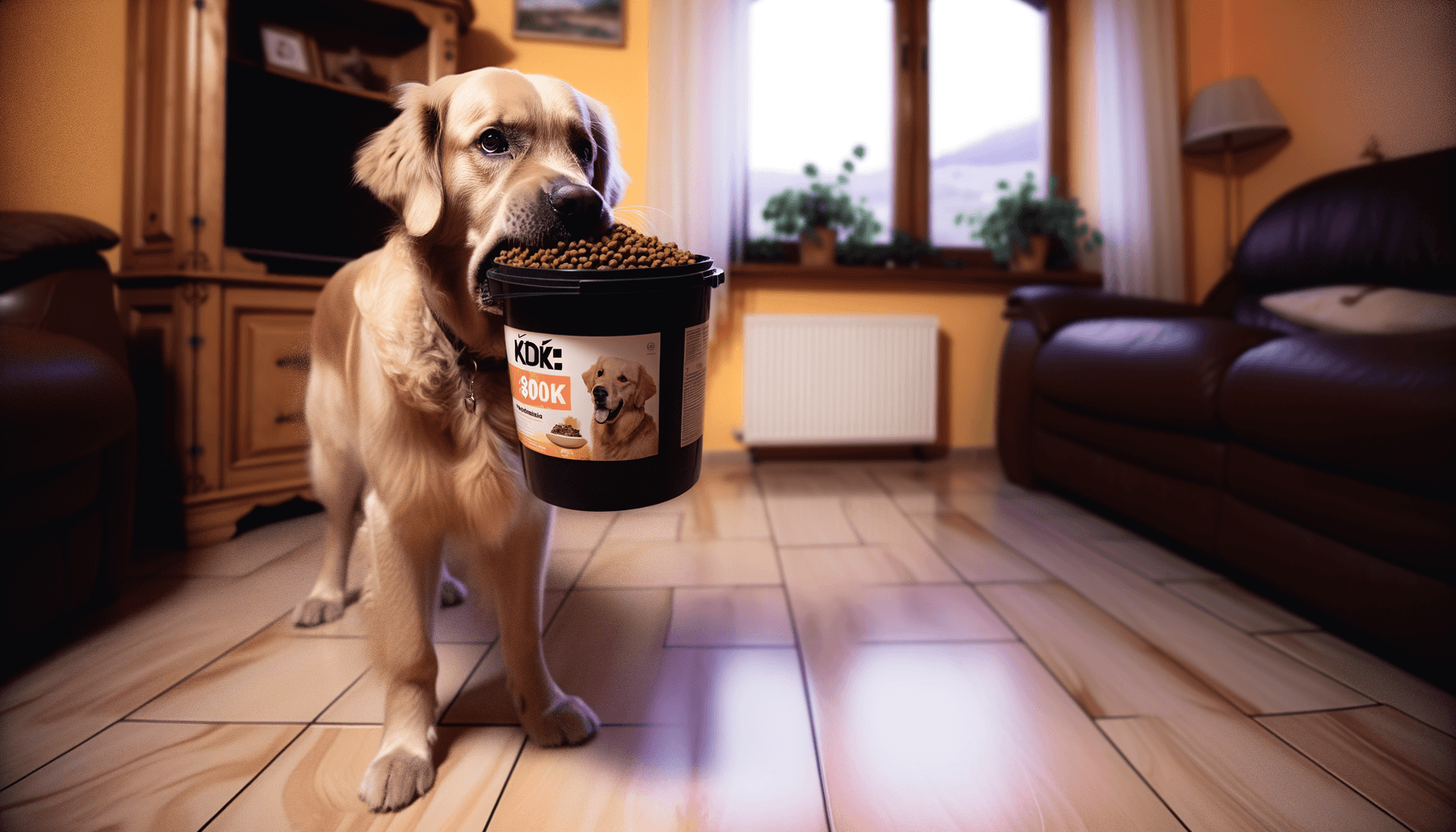 Zlaty retrivr duke nosi kbelik s granulemi aby z nej vymamil 1763582469507