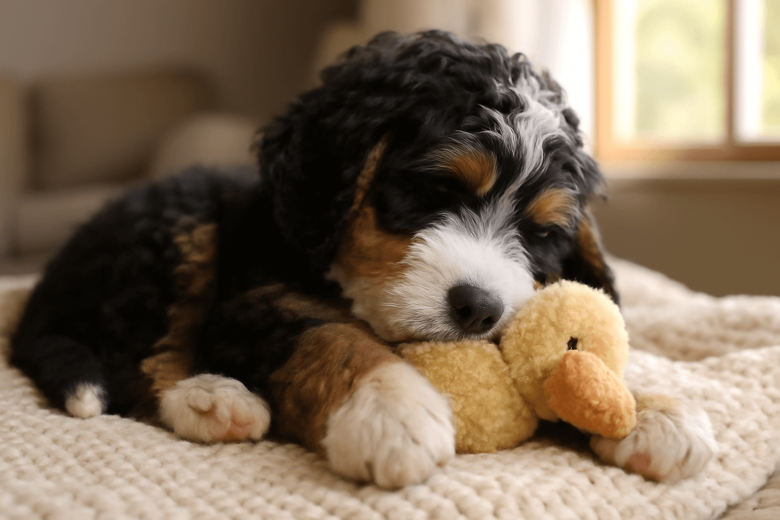 Bernedoodle benji a jeho plysova kachnicka okouzluji interne 1767142885456