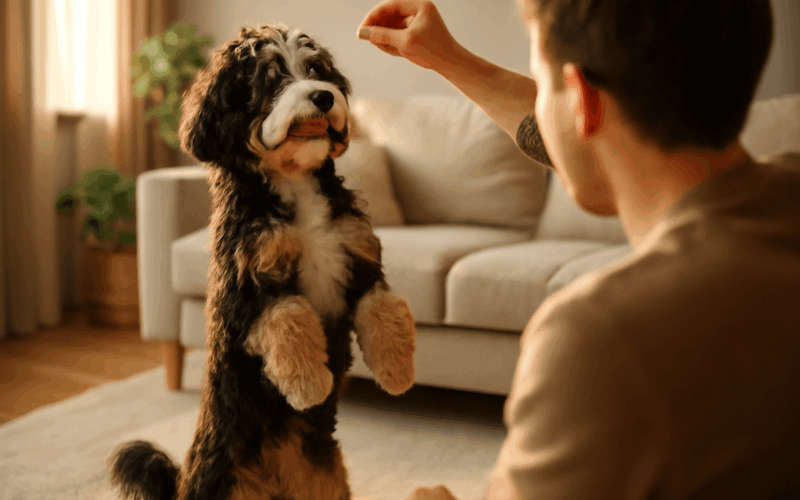 Bernedoodle bex stoji na zadnich jako clovek a roztomilost j 1766581308899