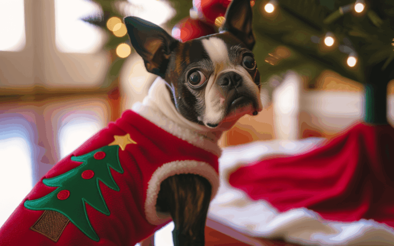 Bostonska terierka emi ochotne pomaha zdobit vanocni stromek 1765458105894