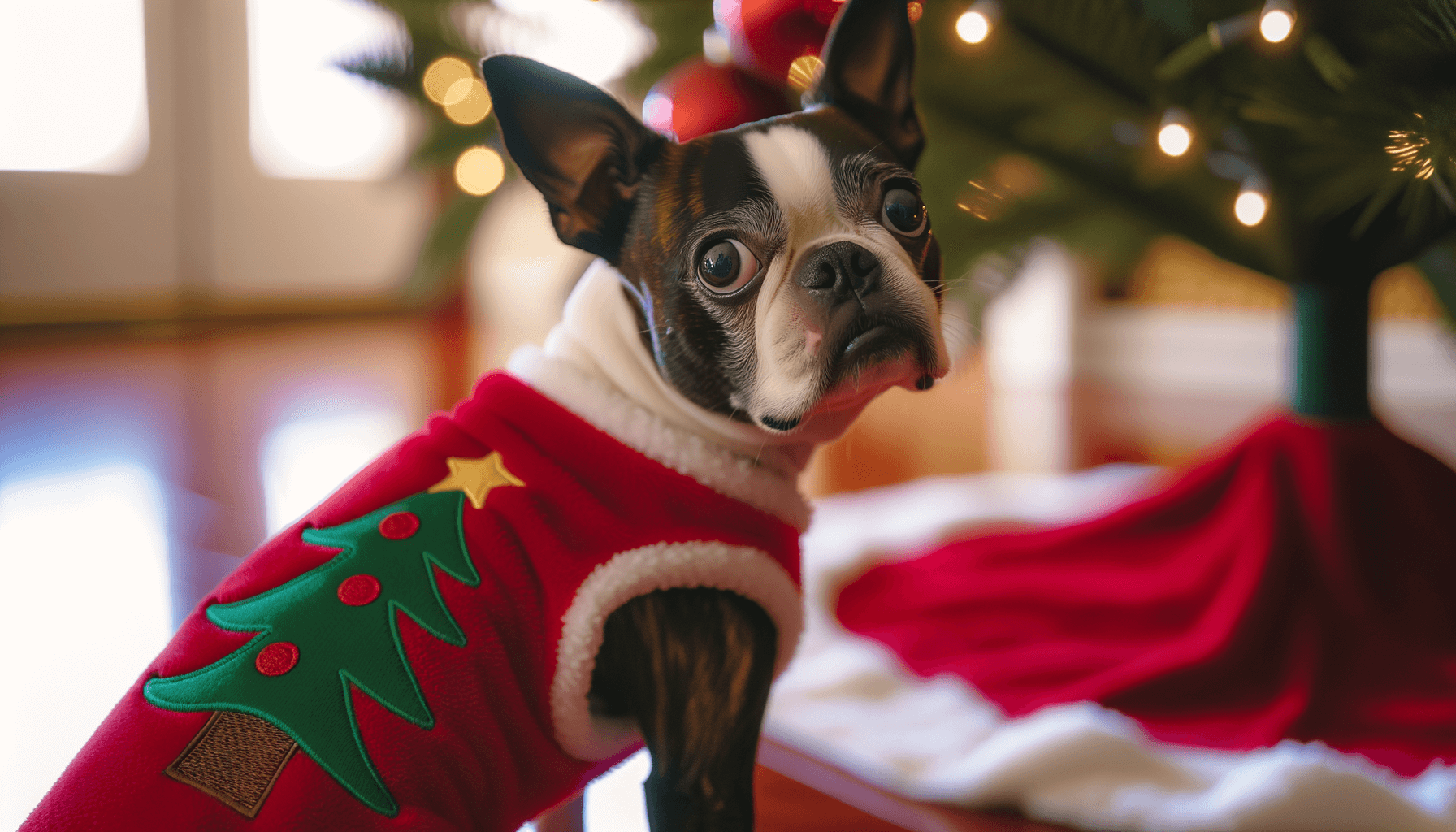 Bostonska terierka emi ochotne pomaha zdobit vanocni stromek 1765458105894