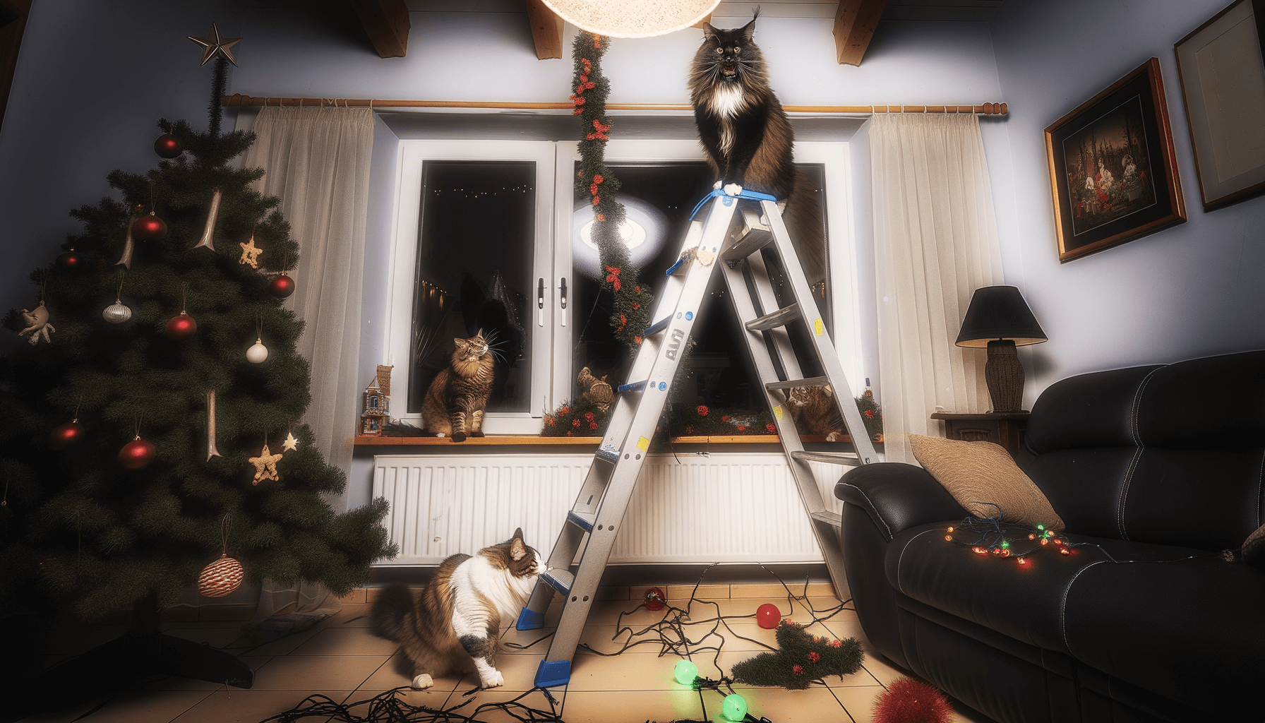 Church maine coon vylezl po zebriku aby pomohl s vanocni vyz 1765206087498