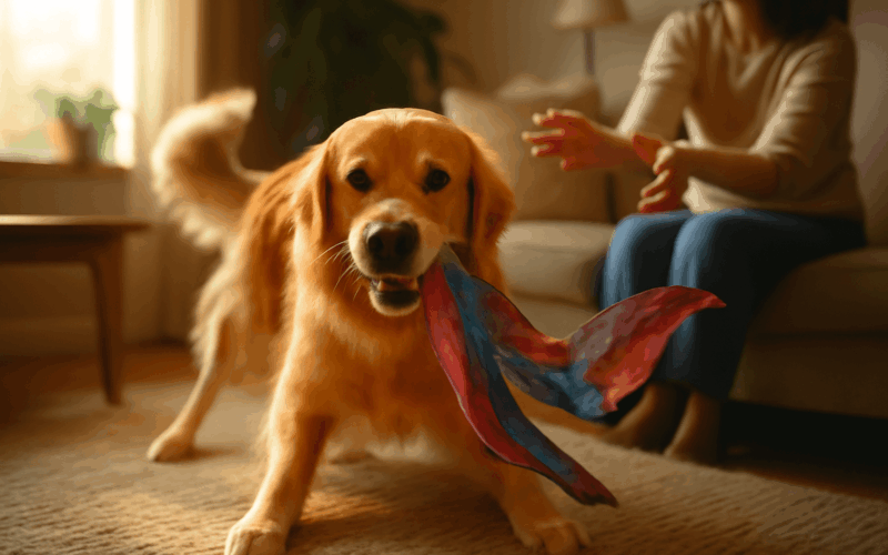 Duke zlaty retrivr ktery miluje provokovat maminku s satkem 1766358095844