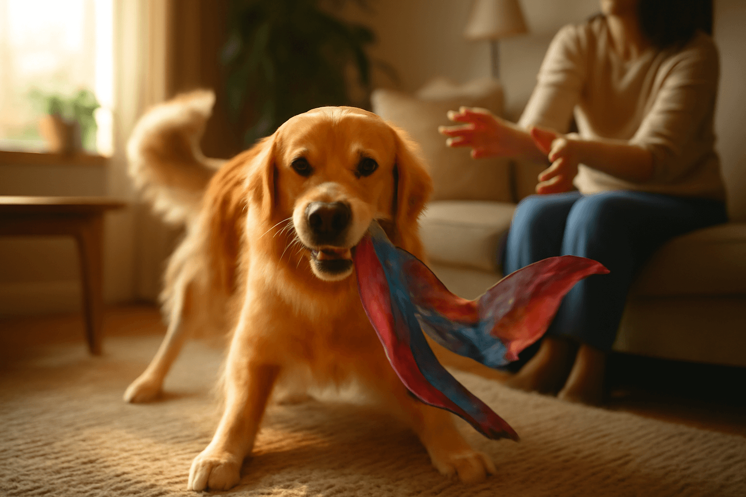 Duke zlaty retrivr ktery miluje provokovat maminku s satkem 1766358095844