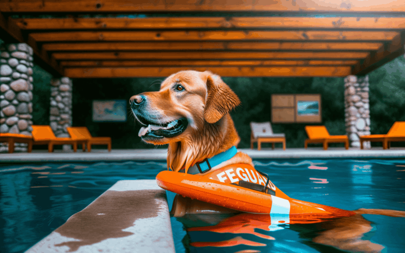 Golden retriever bauer hlida bazen jako opravdovy plavcik 1765321293423