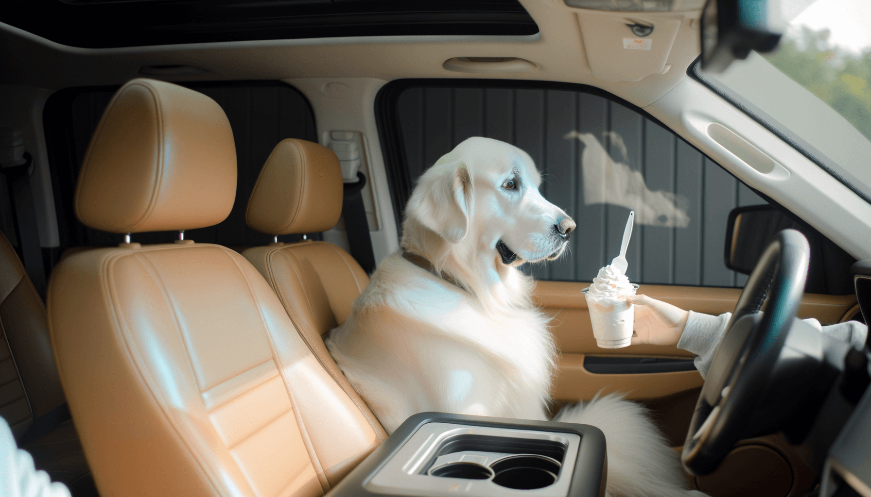 Golden retriever sedi v aute jako clovek a trpelive ceka na 1765220505560