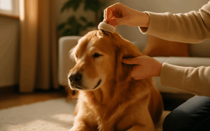 Golden retriever si uziva chvili pro sebe pri masazi hlavy 1766905276412