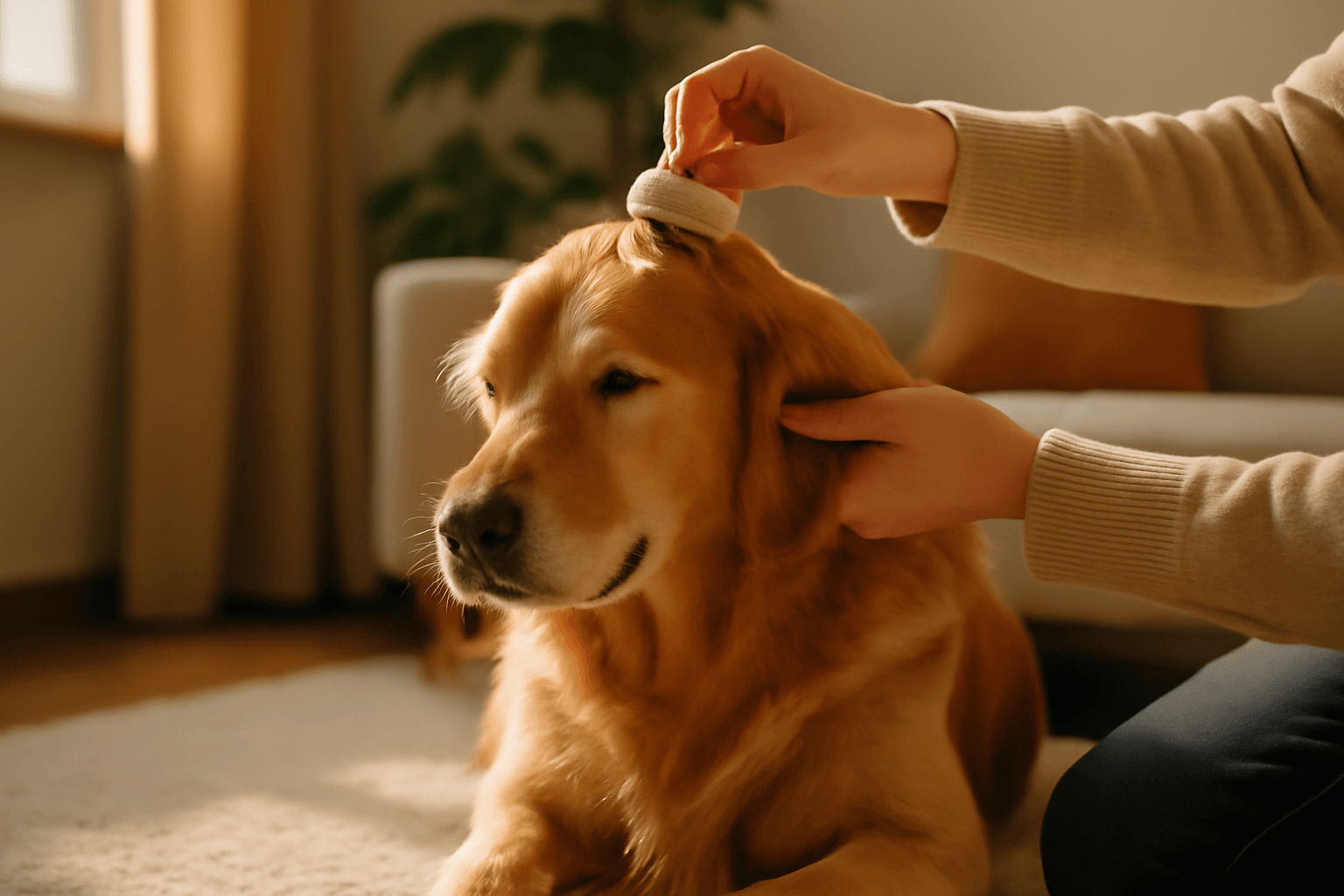 Golden retriever si uziva chvili pro sebe pri masazi hlavy 1766905276412