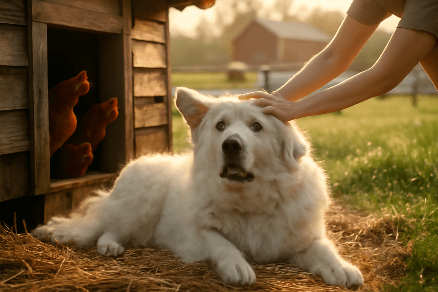 Great pyrenees chrani farmu v noci rano je mamka probudi jej 1765904489490
