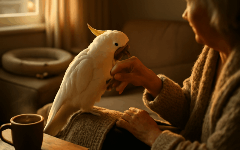 Kakadu furby utesuje majitelku po odchodu kocky poofy 1767106888738