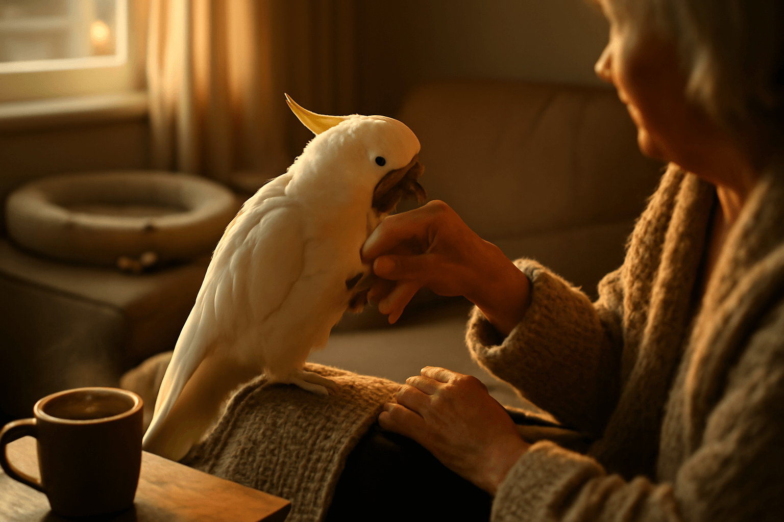 Kakadu furby utesuje majitelku po odchodu kocky poofy 1767106888738