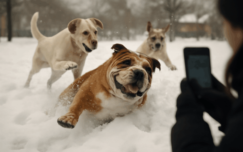 Larry roztomily buldok si uzil prvni snih se smeckou 1765782087904