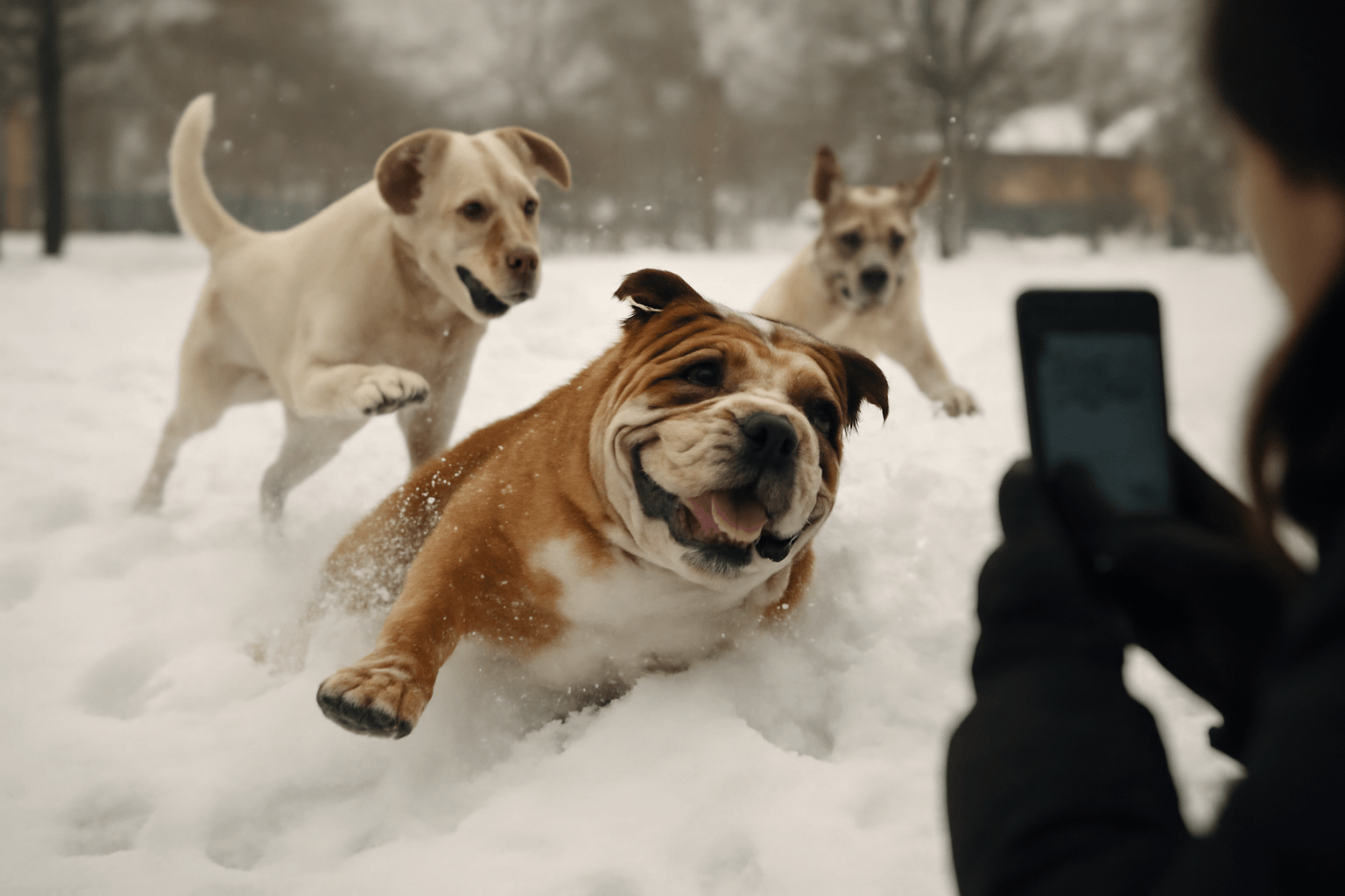 Larry roztomily buldok si uzil prvni snih se smeckou 1765782087904