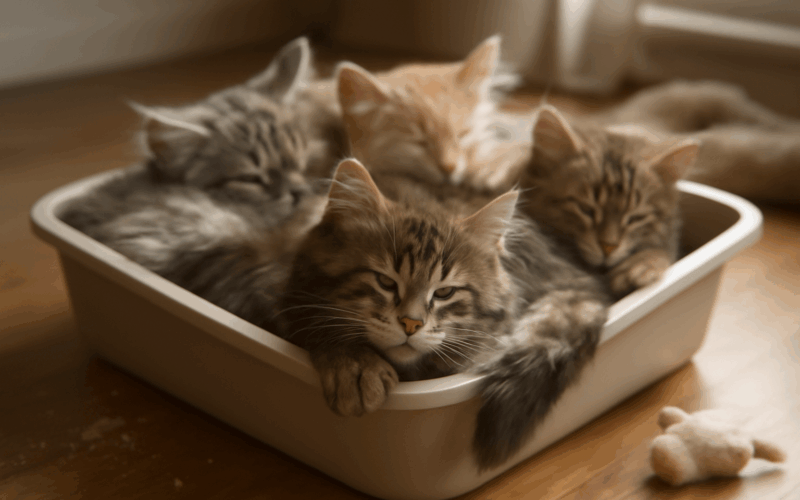 Maine coon kotatka si delaji z podestylky postel 1766854911326