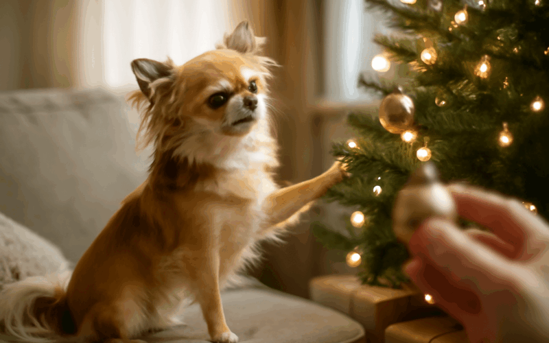 Maly chihuahua lei svadi boj s vanocnim stromkem a rozhodne 1766890877719