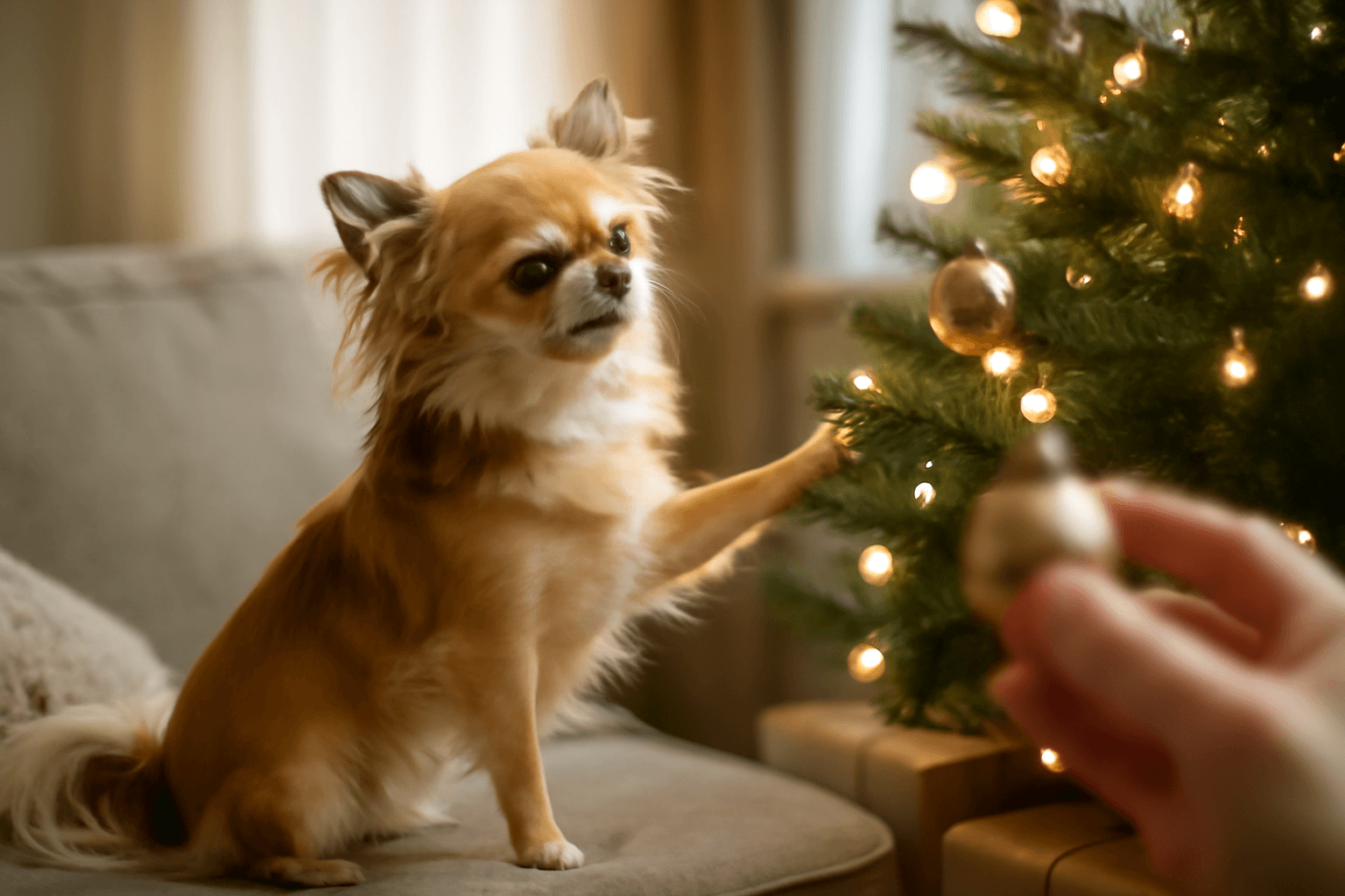 Maly chihuahua lei svadi boj s vanocnim stromkem a rozhodne 1766890877719