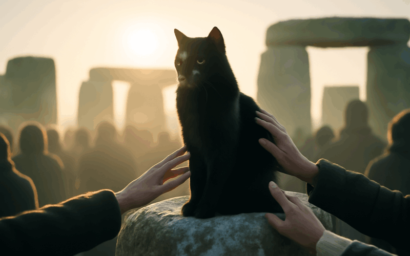 Moon cat cerna kocka ktera si pri zimnim slunovratu na stone 1766631682086