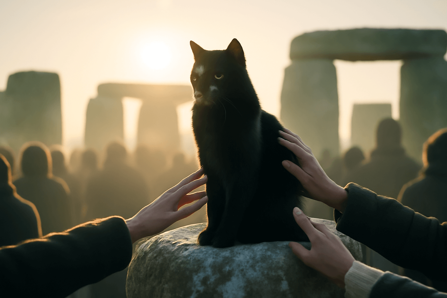 Moon cat cerna kocka ktera si pri zimnim slunovratu na stone 1766631682086