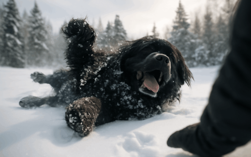 Obri novofundlandsti psi si v zime proste hraji se snehem 1766674882149