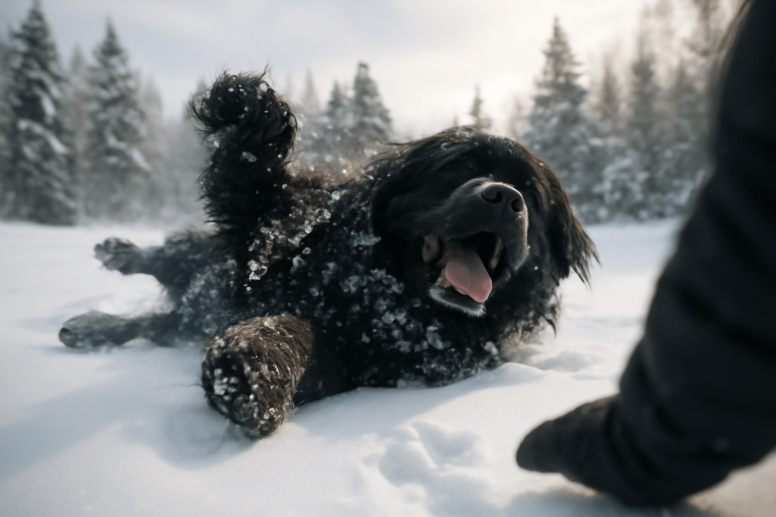 Obri novofundlandsti psi si v zime proste hraji se snehem 1766674882149