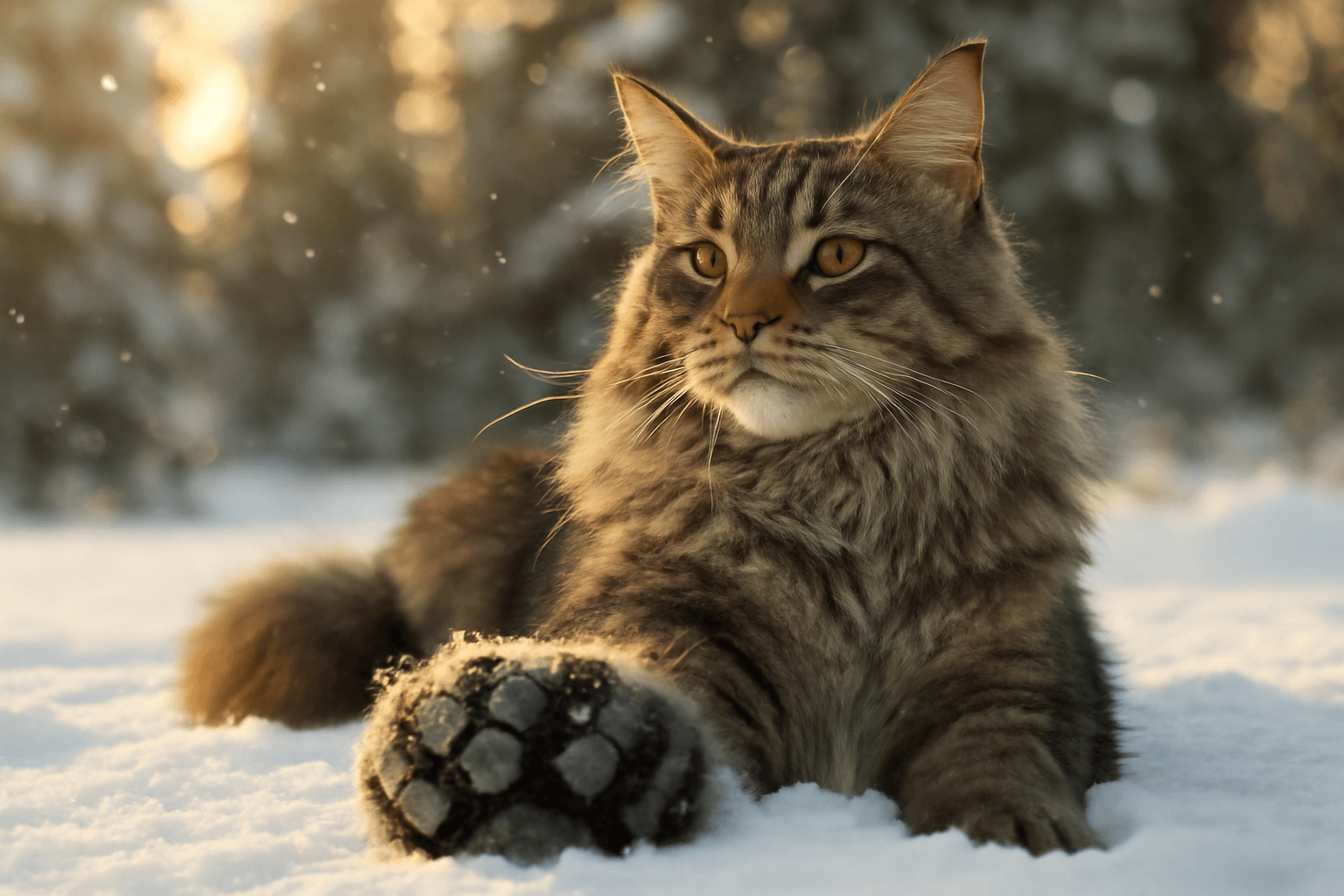 Samson maine coon obri tlapky a kralovska elegance ve snehu 1765554023617