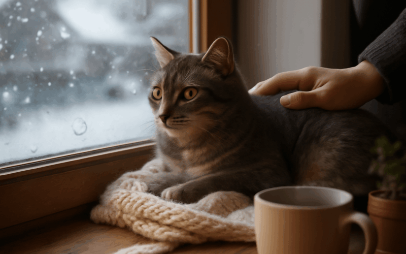 Toulavy kocour blue poprve sleduje snih z tepla domova 1765897305655