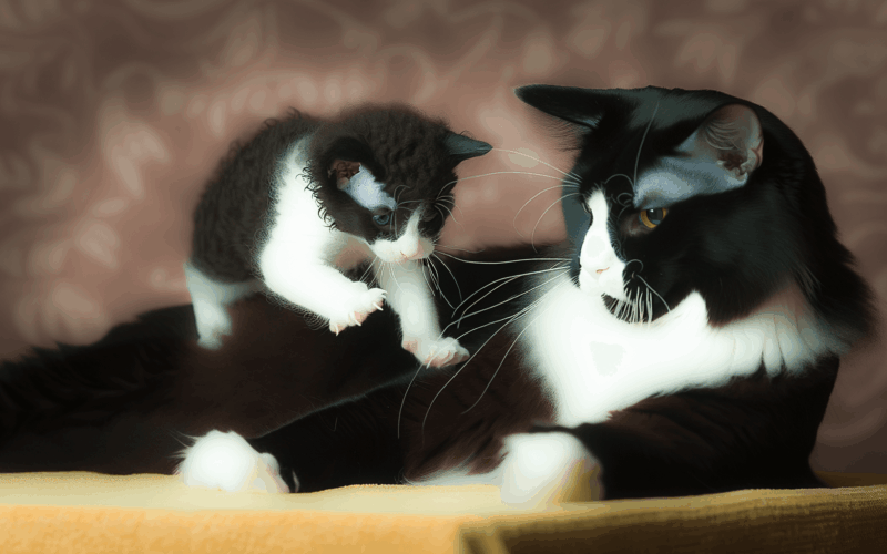 Tuxedo kocka trpelive nechava sve male kote na sebe skakat 1765501291720