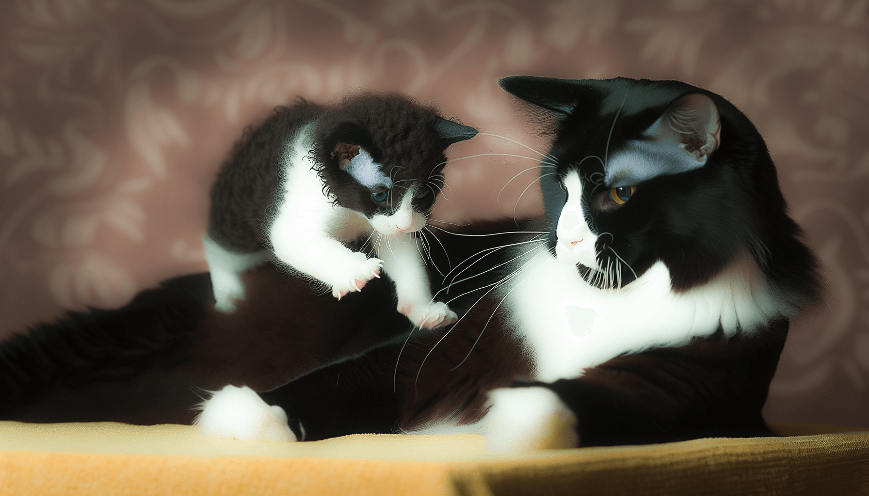 Tuxedo kocka trpelive nechava sve male kote na sebe skakat 1765501291720