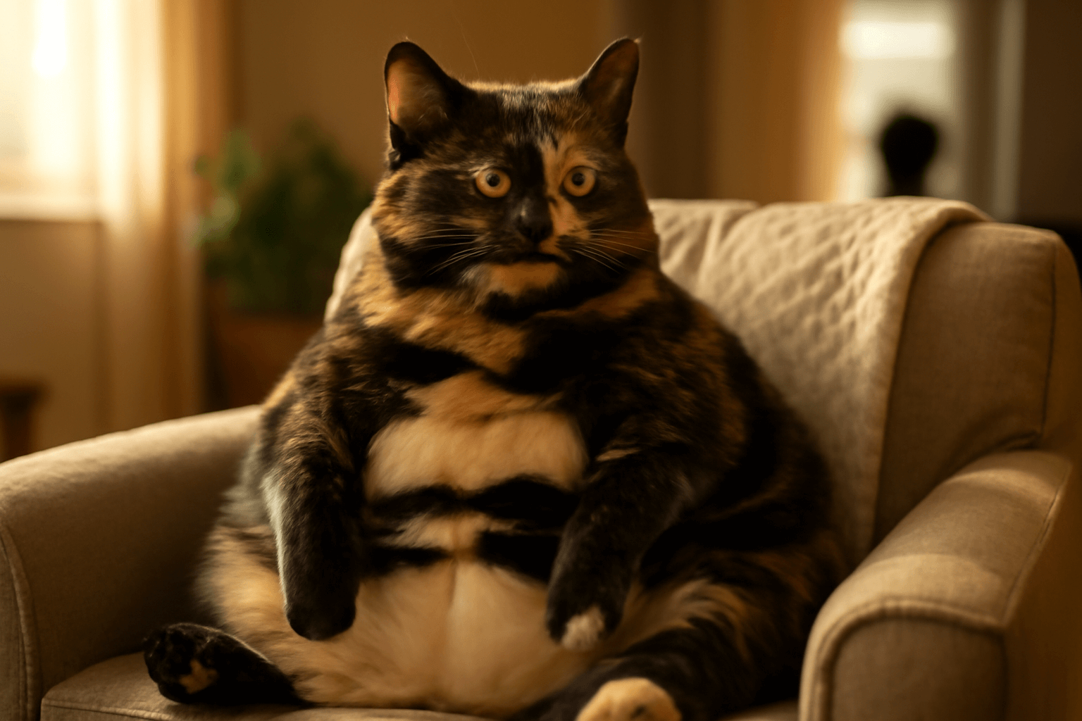 Bean obrovska tortie calico ktera sedi jako clovek 1769828454282