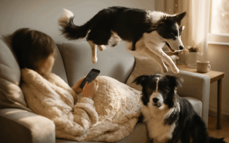 Border collie pouziva majitelku jako trampolinu vtipne video 1769655666662