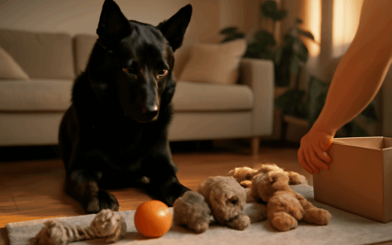 Cerny nemecky ovcak echo si kontroluje hracky pote co je maj 1768417270824