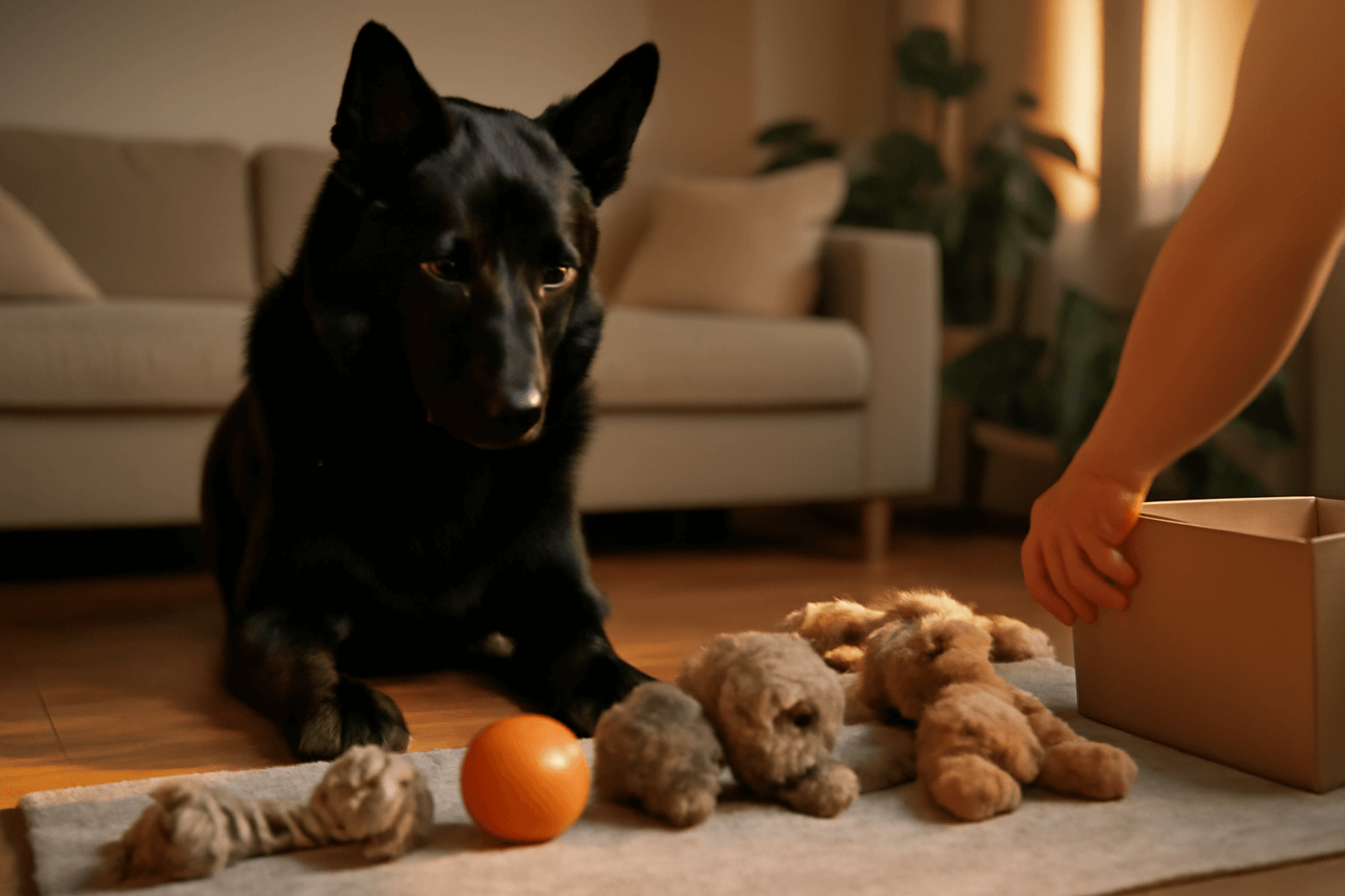 Cerny nemecky ovcak echo si kontroluje hracky pote co je maj 1768417270824