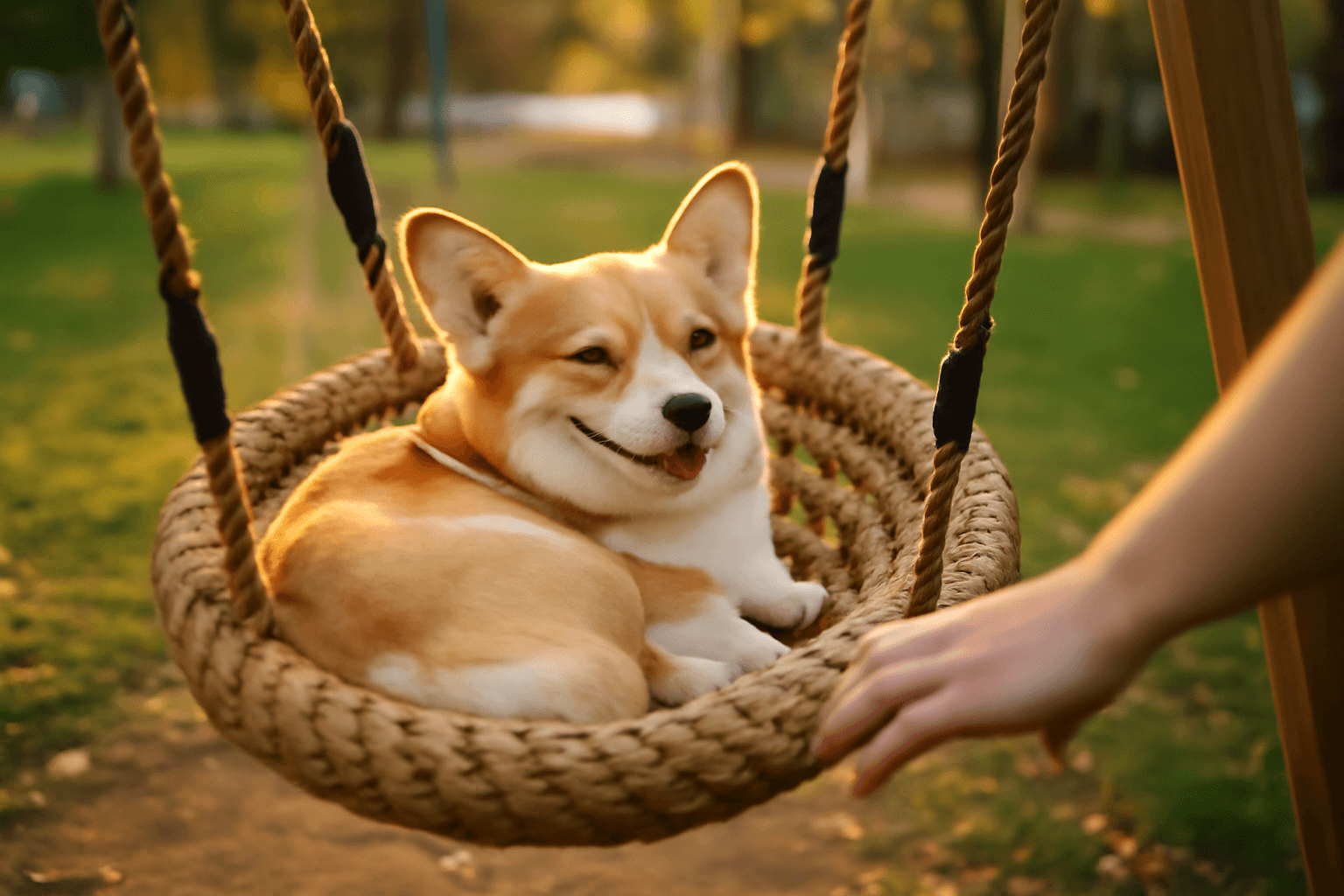 Corgi ktery si uziva houpacku v parku roztavil internet 1769223654410