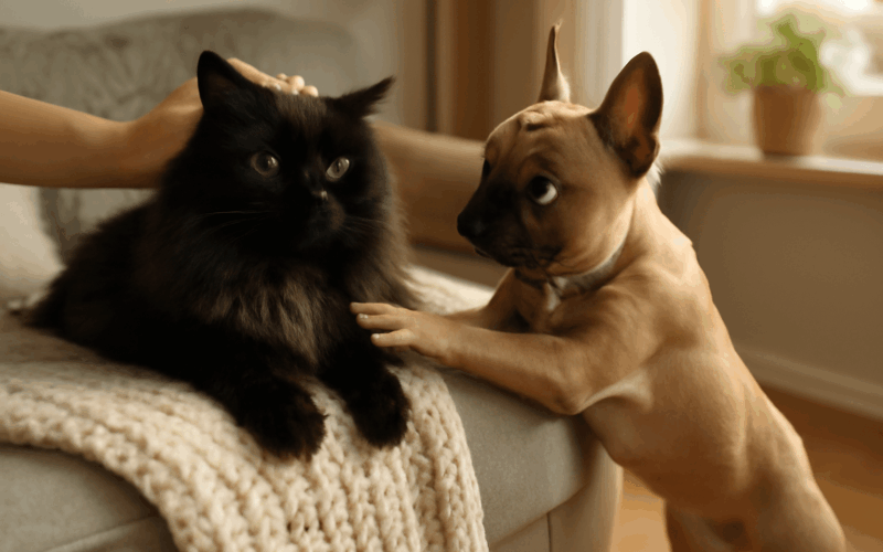 Francouzsky buldocek se snazi hladit dlouhosrstou kocku a je 1767733297991