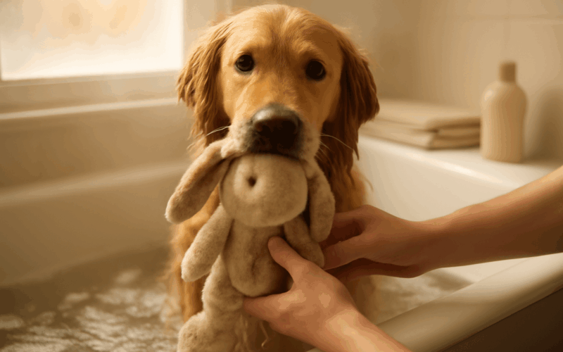 Golden retriever blueberry se do koupele pusti jen se svym p 1769302842779