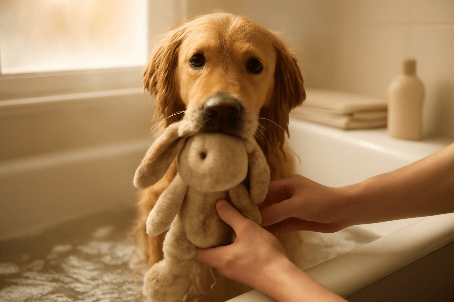 Golden retriever blueberry se do koupele pusti jen se svym p 1769302842779