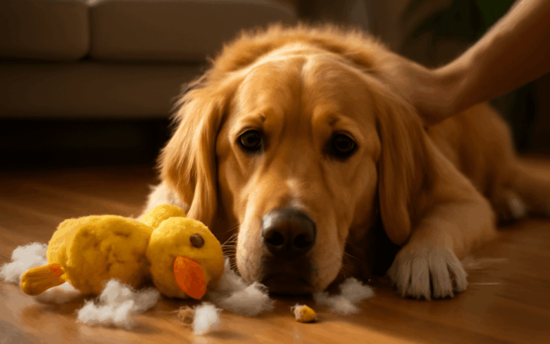 Golden retriever zdemoloval svou oblibenou plysovou kachnick 1767459725344