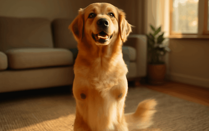 Honey pie zlata retrivrka bez prednich tlapek stoji jako mal 1768942857373