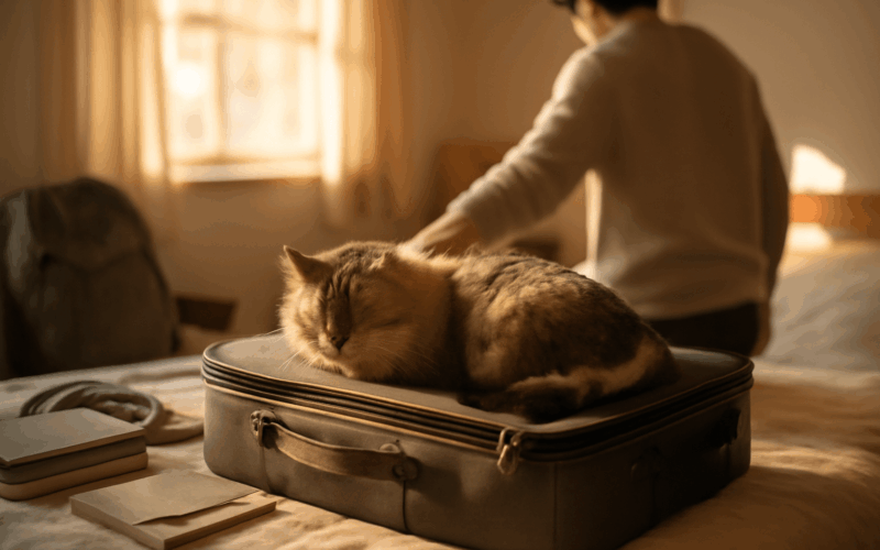 Kocka si lehla na zabaleny kufr vi ze jeji clovek brzy odjiz 1769180464221