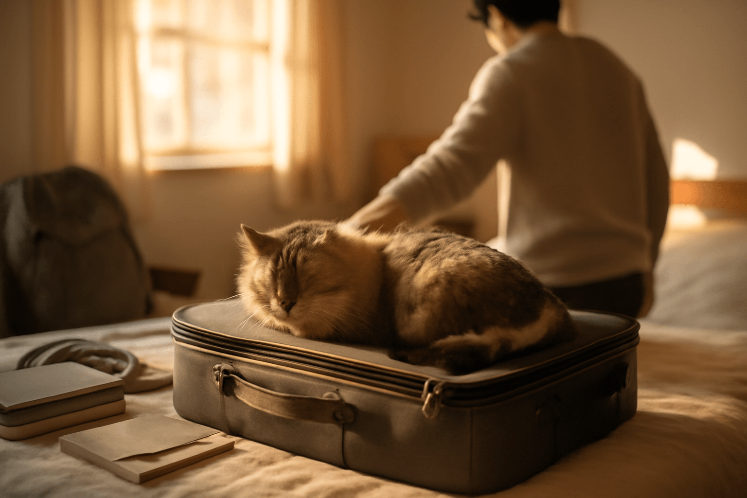 Kocka si lehla na zabaleny kufr vi ze jeji clovek brzy odjiz 1769180464221