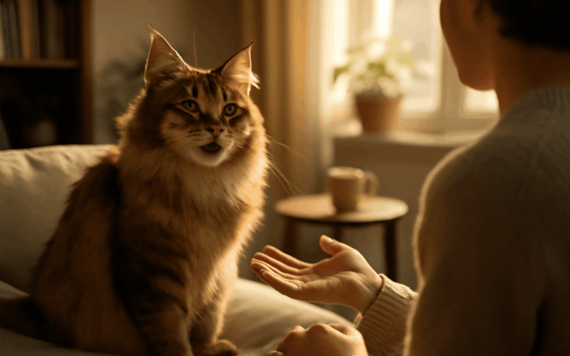 Maine coon ktery jako by vedl rozhovor se svoji majitelkou 1768244476839