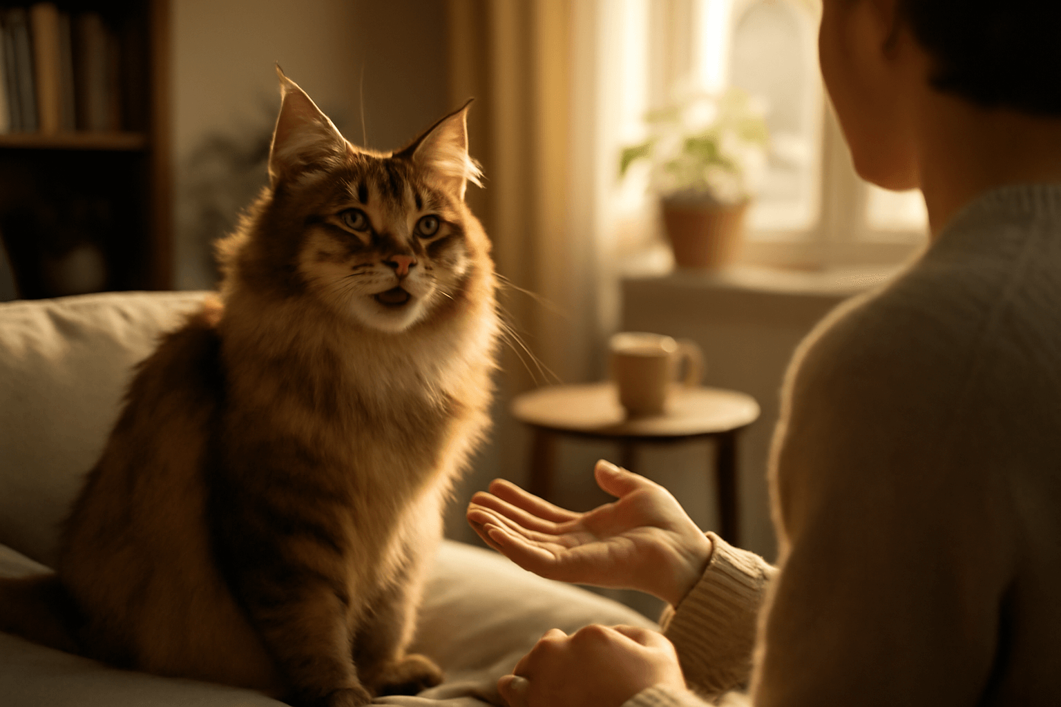 Maine coon ktery jako by vedl rozhovor se svoji majitelkou 1768244476839