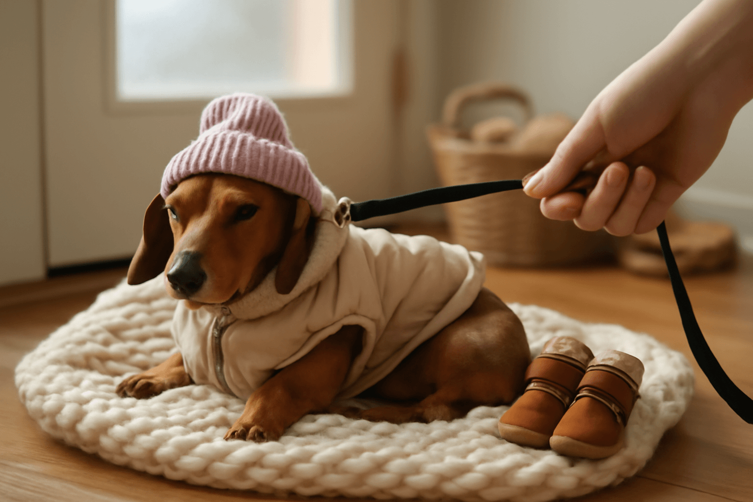 Mini jezevcik ktery zimu proste odmita zabalena do cepicek a 1769274059971